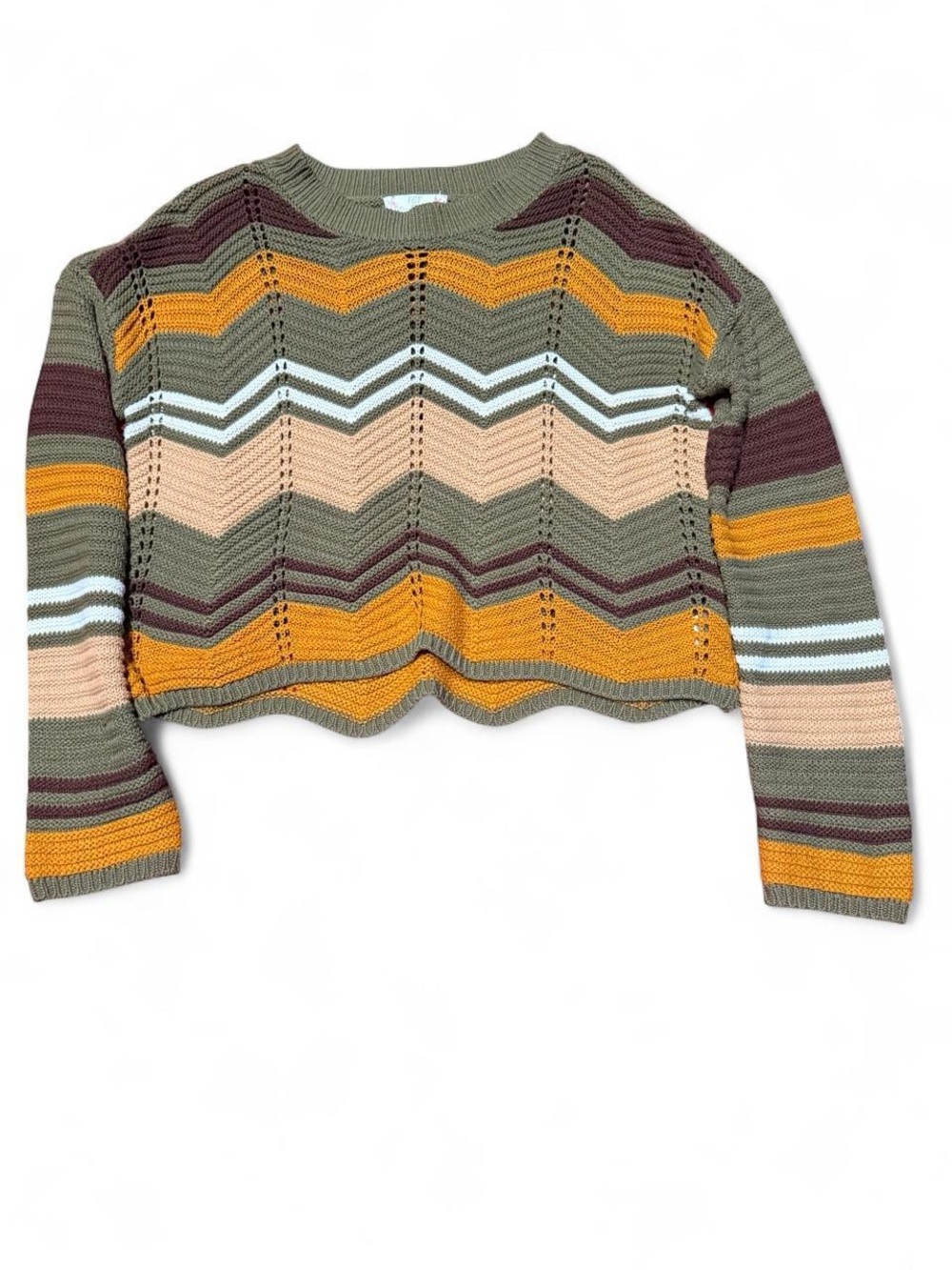 Cropped Chevron Knit Sweater - Olive Multi